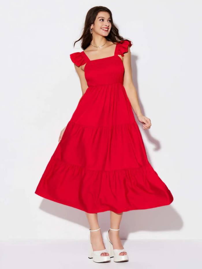 Red Ruffled Smocked Women Maxi Dress