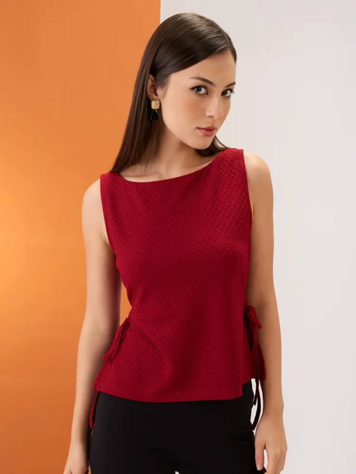 Women Maroon Self Design Boat Neck Sleeveless Top